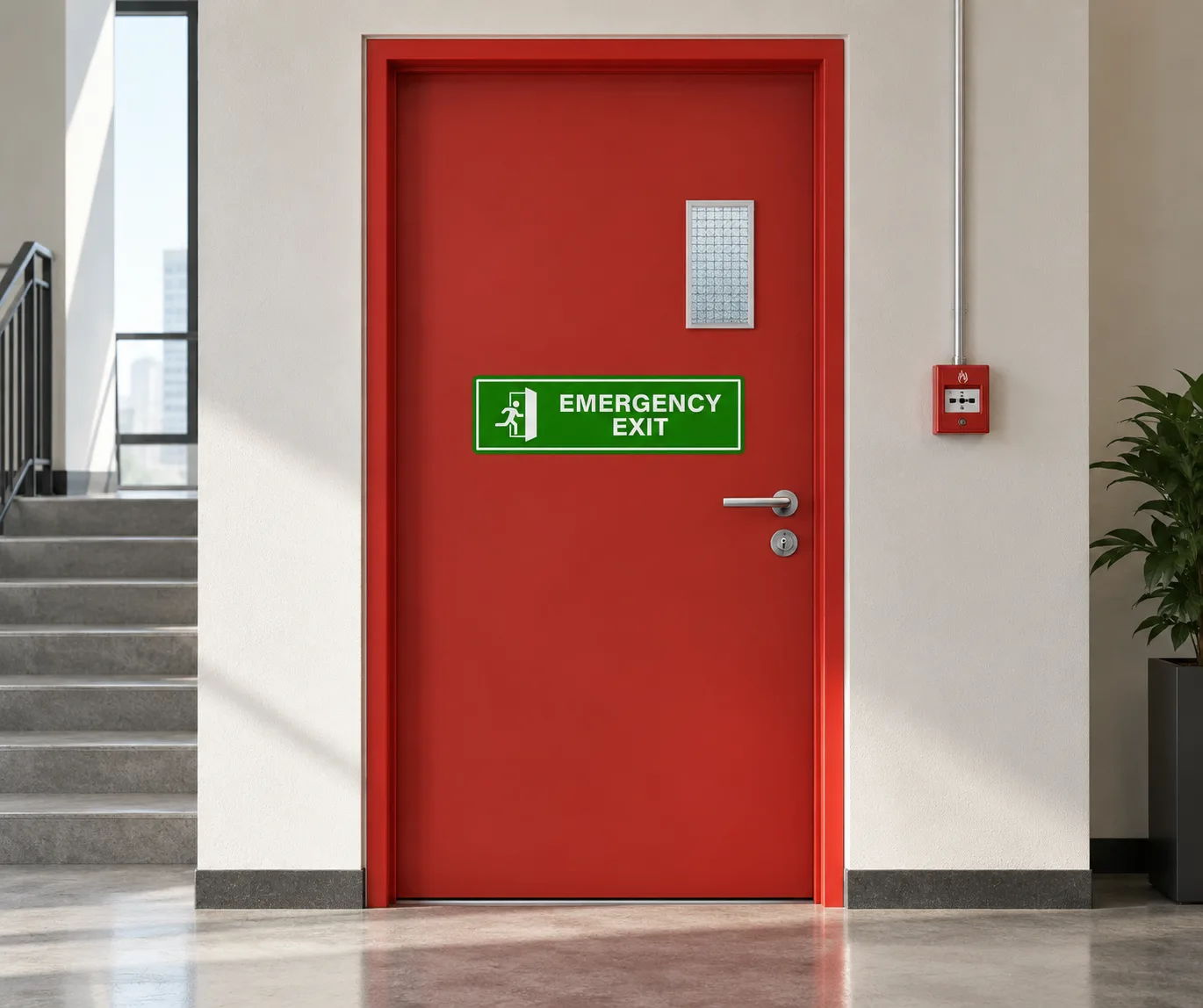 Red fire rated door installed in a modern building for fire safety and emergency exit access