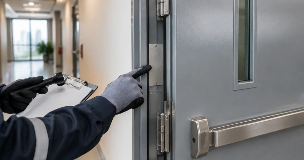 Inspector checking a fire rated door set hardware, seals, and certification plate area in a commercial building in Malaysia